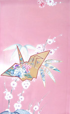 [AYANE] ORIGAMI CRANE BIRD & FLOWERS 2 - Japanese Silk  KIMONO Fabric