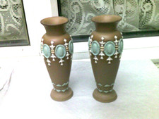 Pair of  Antique Doulton Lambeth Silicon Ware Relief Vases Stoneware 4 1/2 " 