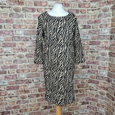 Pomodoro Animal Print Dress UK 14 Black Beige 3/4 Sleeve Jersey Knee Length