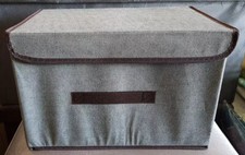 Large Lidded Foldable Grey Fabric Storage Box With Brown Handle & Trim