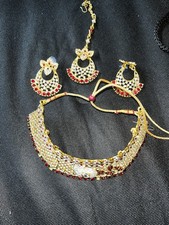 Silver Gold and Red Indian Jewellery Set with Necklace Earring and Tika Set