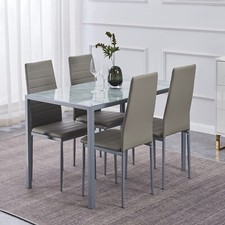 4pcs Grey Faux Leather Dining Chairs & Grey Marble Glass Dining Table Dining Set