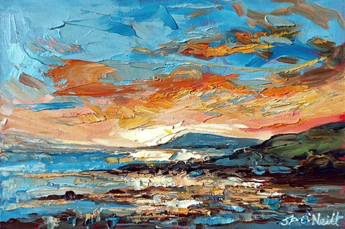 Coastal sunset seascape - seascape, oil
