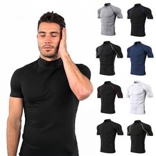 Mens UV Rash Vest Guard Stretch Swim Top Flat Seams Rashie Mock Neck Base Layer