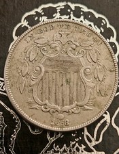 1868 America 5 Cents Union Shield Nickel Coin USA