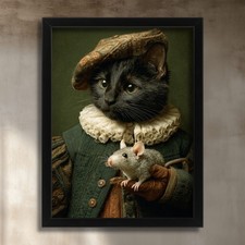 Renaissance Cat Wall Art Print Black Cat And Rat Portrait Funny Cat Lover Gift