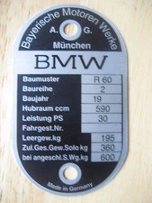 VINTAGE BMW FRAME I.D. TAG FOR