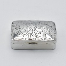 Modern Solid Sterling Silver Pill Pot Box 1990 Scroll Engraved Hinged Lid 925