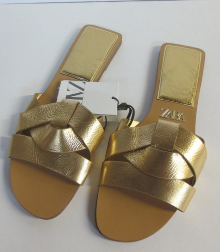 Zara women leather gold flat - zara,