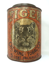 VINTAGE TIGER CHEWING TOBACCO LARGE SHOP COUNTER STORAGE TIN 5 CENT PACKAGES