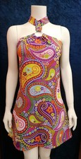 Ladies Paisley 60s 1960s Style Costume Fancy Mini Dress Size XS 8 & Hat