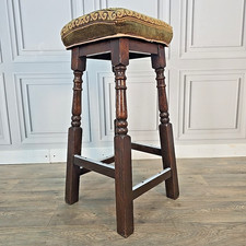Vintage Pub Bar Stool - Tall Upholstered Turned Wooden Seat Home Man Cave Retro
