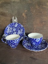 Vintage Burleigh Blue Calico Coffee Cup and Saucer Perfect Unusual Shape x2