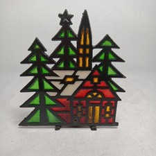Beautiful Stained Glass Church Cast Iron Tea Lite Candle Holder Christmas Decor 