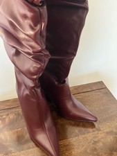 PLT Burgundy Thigh High Ruched Boots Size 3 Pointed Toe High Block Heel Clubbing