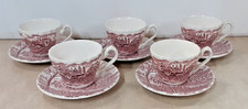 Vintage Red Transferware 5x Cups & Saucers Horse & Carriage Design Charity Sale