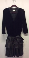 1980s Kanga Collection Black Velvet And Tafetta Drop Waisted Dress UK 12