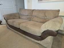 3 Seater Sofa, Taupe Corded Fabric With Faux Leather Accents + Storage Footstool