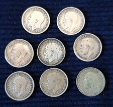 8 x George V Silver Threepenny