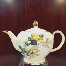 Vintage 1950s HEATMASTER Large Ceramic Fluted Tea Pot Yellow Flowers Design RARE