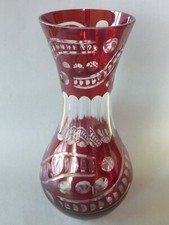 Ruby Red Cut to Clear Crystal Vase - Czech Bohemian Glass - Large 11" or 28 cm