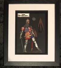 Framed white metal Edward Black Prince figurine, medieval arrowhead and coin