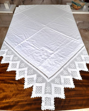 Vintage Square white lace tablecloth -  95 cm square Embroidered  initials "AKW"