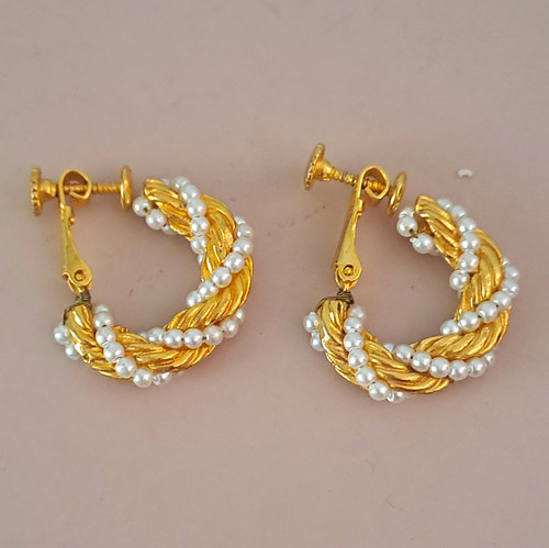 Gold tone faux pearl hoop - faux,