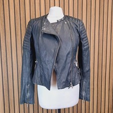 Karen Millen Leather Jacket Black Biker Womens UK 10 Zip Cuffs