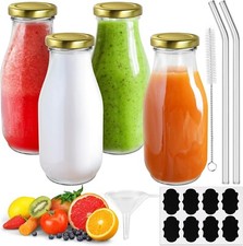 Glass Milk Bottles with Lids, 4Pcs 330ml Glass Juice Bottles with Straw, Brush