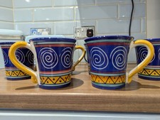 THE PIER VINTAGE ITALIAN SWIRL COBALT BLUE & YELLOW SET OF 6 LARGE COFFEE MUGS