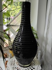 Black Art Glass Vase Etched with Stripes                               T21.3