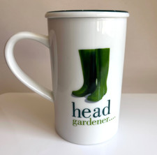 Large Head Gardener Coffee Tea Mug Cup & Lid Next Green Wellies Boots Garden