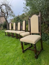 Set of six antique Jacobean style old charm oak upholstered dining chairs 