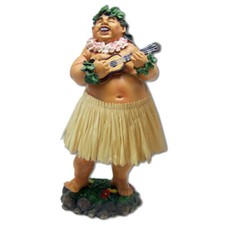 Hawaiian Dashboard Hula Boy playing a Ukulele in a Natural Grass Skirt