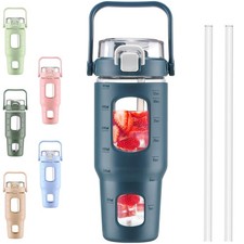 	BLUEGO 32oz Glass Water Bottles with Straw Time Marker Half Gallon Large	
