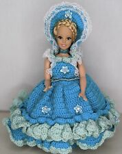 Vtg Doll Knitted Scalloped Dress Toilet Tissue Holder Paper Cover Aqua Kitsch