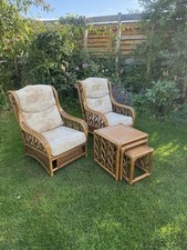 Pair of cane Traditional conservatory armchairs and coffee tables bamboo wicker 