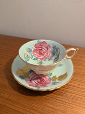 Paragon Bone China Pink And Gold Cabbage Rose Tea Cup And Saucer Light Blue