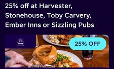 25% off at Harvester, Stonehouse, Toby Carvery, Ember Inns or Sizzling Pubs (M-T