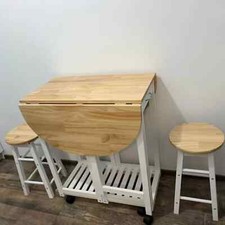 Small Wooden Kitchen Table Bar Stools Set Drop Leaf Folding Cart Trolley Wheels