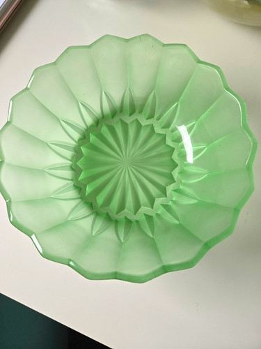 Green pressed glass round - glass,