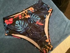 Ladies Great Black Multicoloured High Leg Bikini Bottoms -size S - New