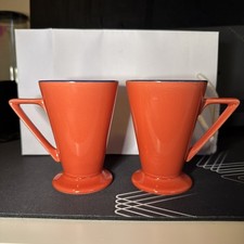 Pair of Churchill Art Deco Footed Ceramic Mugs – Orange & White with Blue Rim