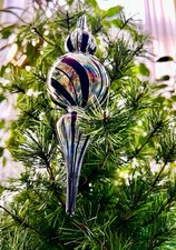 Glass Christmas bauble iridescent rainbow, spindle shape,  black stripes 12.5cm