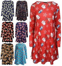 Women's Dress Christmas Swing Santa X-mas Ladies Skater Lot Snowman Reindeer Uk
