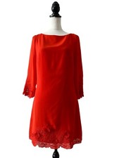 Topshop Red Floral Embroidered Dress 10 A Line 3/4 Sleeve Fully Lined