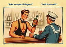 Gay postcard inspired by vintage British saucy seaside humour: Fingers