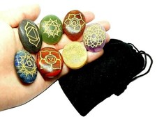 Seven Chakra Oval Reiki Set Gemstone Engraved Premium Healing & Velvet Bag