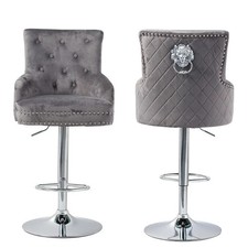 Bar Stools Swivel Velvet Upholstered Dining Chair Lion Knocker Adjustable Grey